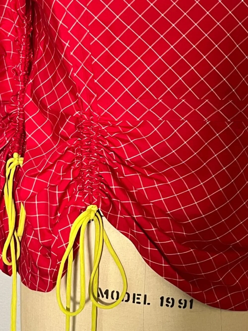 Tory Burch Windowpane Silk Tunic Top Red White Ruched Drawstring